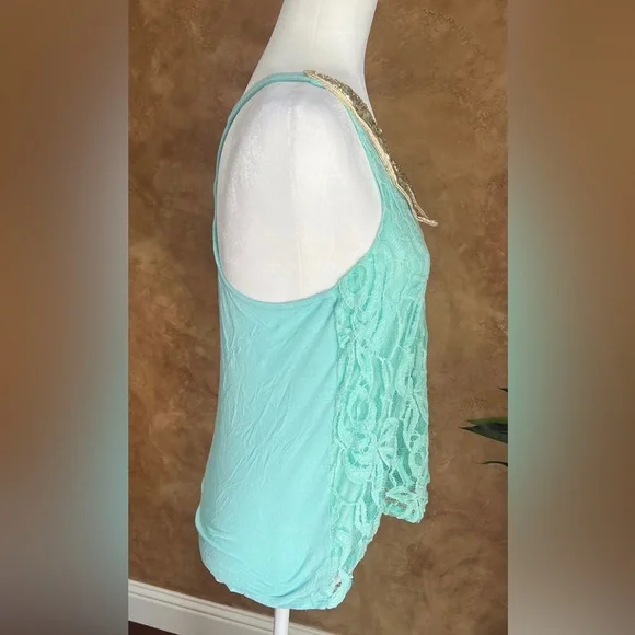 Daytrip Teal sheer sleeveless gold collar top sz Medium - Picture 5 of 7